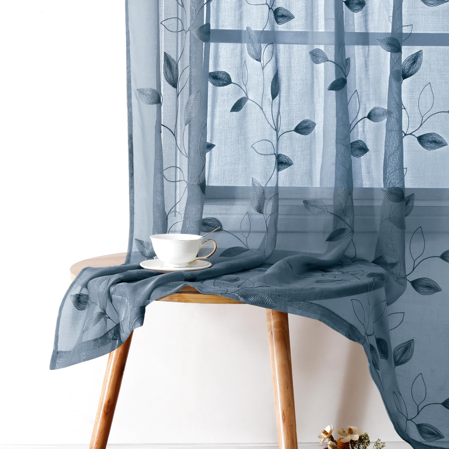 Homeideas Stone Blue Floral Sheer Curtains 96 Inches Long 2 Panels Embroidered Sheer Pattern Curtains Semi Sheer Window Curtains For Bedroom Living Room